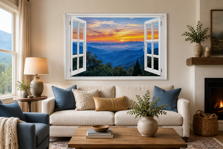 Great Smokey Mountains sunset open window canvas wall art above a sofa in a cozy living room.