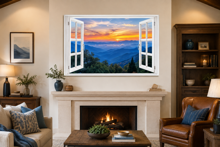 Great Smokey Mountains sunset canvas wall art with a faux open window frame over a fireplace.
