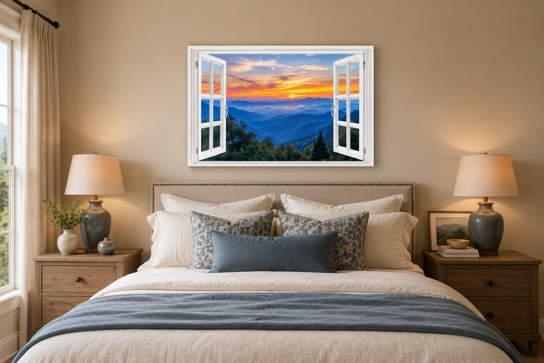 Great Smokey Mountains sunset canvas wall art with a faux open window frame above a bed.