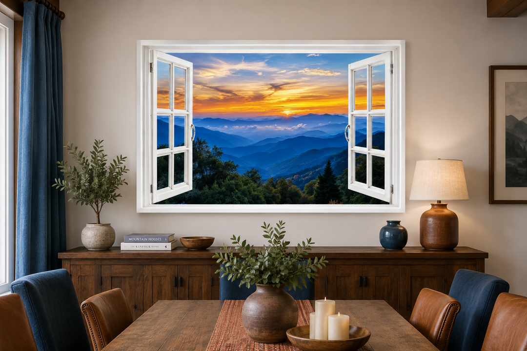 Great Smokey Mountains sunset canvas wall art with a realistic open window frame illusion.