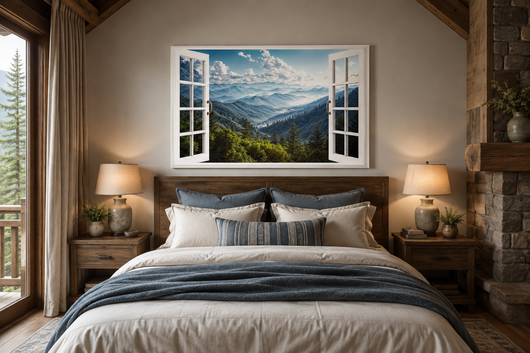 Great Smokey Mountains view painting in a white faux open window frame above a bed.