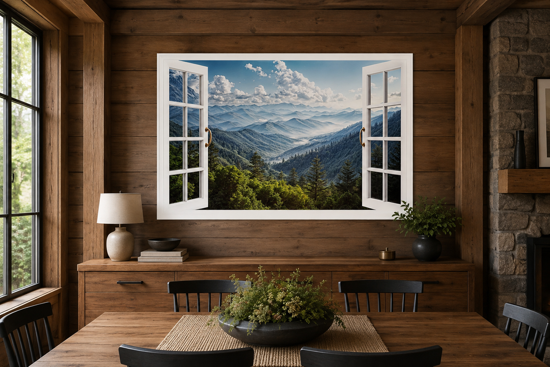 Great Smokey Mountains view painting with a faux open window frame on a rustic wooden wall.