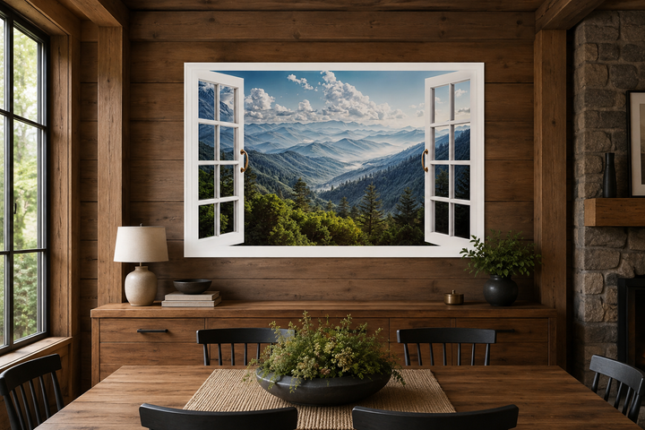 Great Smokey Mountains view painting with a faux open window frame on a rustic wooden wall.