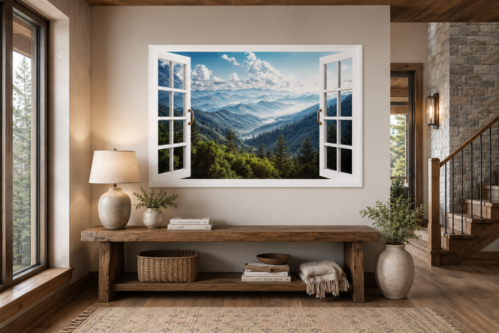 Great Smokey Mountains landscape painting featuring a realistic open window frame design.