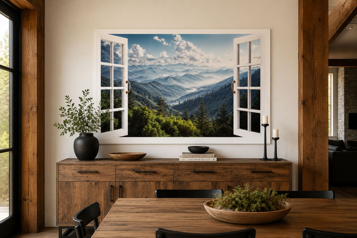 Great Smokey Mountains view painting with a faux open window frame on a wall above a wooden buffet.