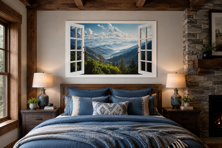 Great Smokey Mountains view painting with a faux open window frame above a blue bed.