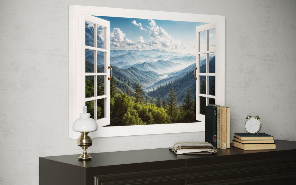 Great Smokey Mountains view painting in a white faux window frame on a gray wall above a dresser.