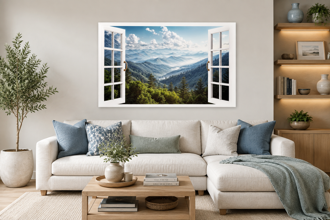 Great Smokey Mountains landscape painting in a white faux open window frame above a white sofa.