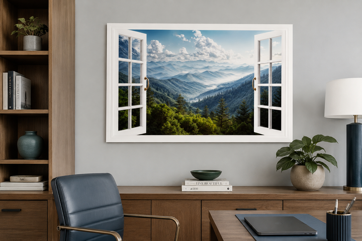 Great Smokey Mountains view painting in a white faux open window frame above a wooden desk.