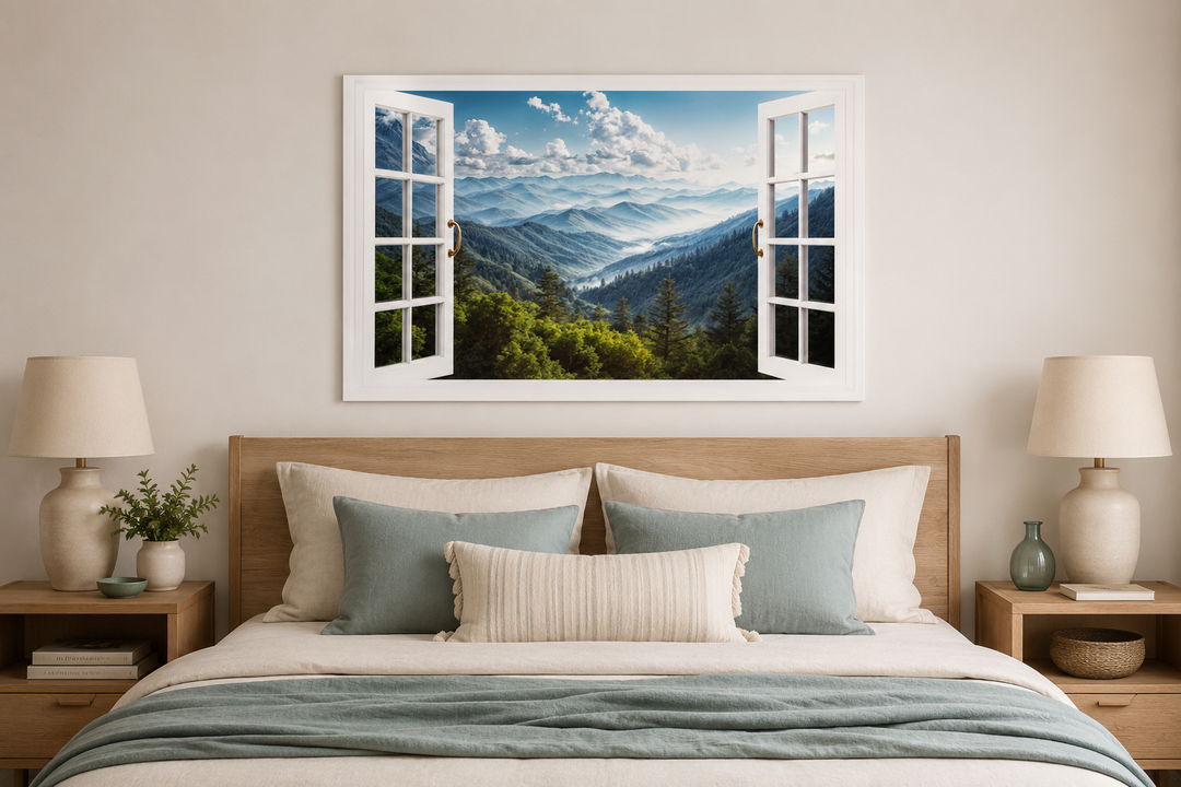 Great Smokey Mountains view from an open window painting hanging above a bed in a bedroom.