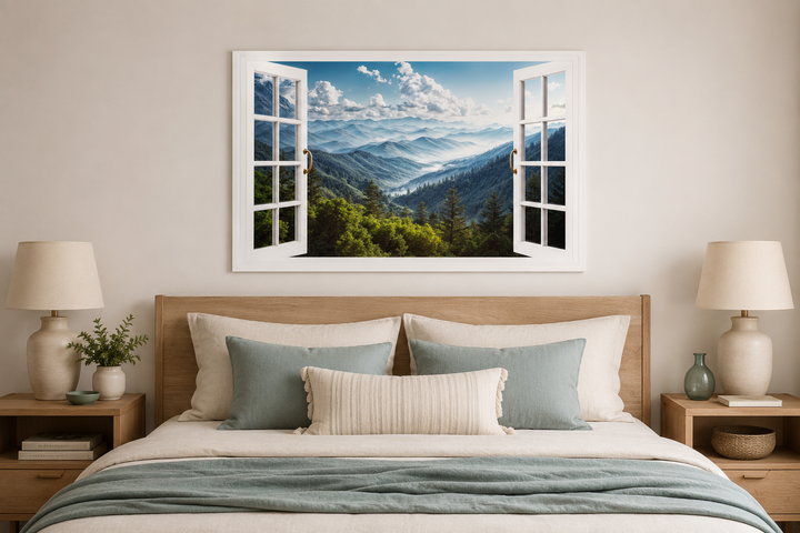 Great Smokey Mountains view from an open window painting hanging above a bed in a bedroom.