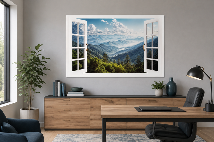 Great Smokey Mountains view from an open window painting on a wall in a modern office setting.