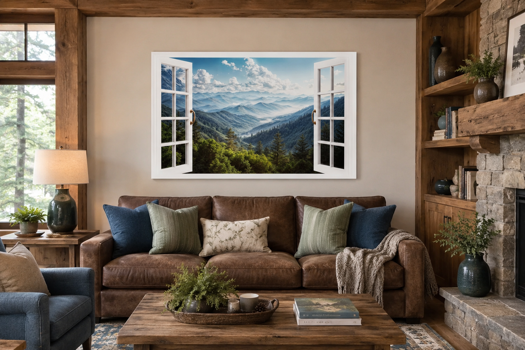 Great Smokey Mountains landscape painting featuring a realistic open window frame on a neutral wall.