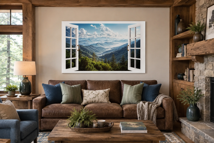 Great Smokey Mountains landscape painting featuring a realistic open window frame on a neutral wall.