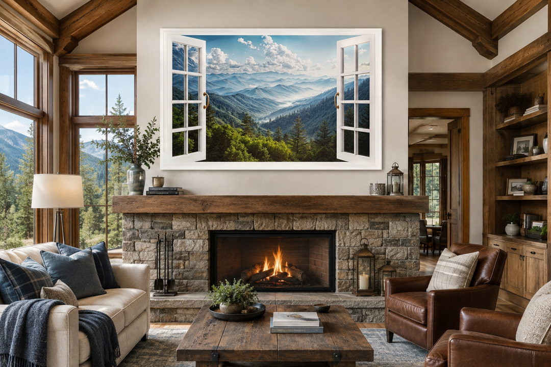 Great Smokey Mountains view painting in a white faux window frame above a stone fireplace.