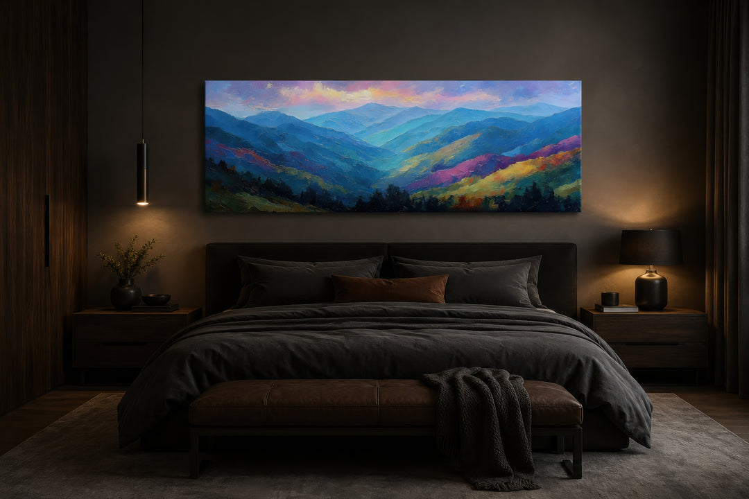 Great Smoky Mountains sunset long horizontal canvas wall art above a bed in a dark bedroom.