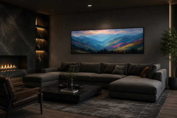 Great Smoky Mountains sunset long horizontal canvas wall art above a modern sectional sofa.