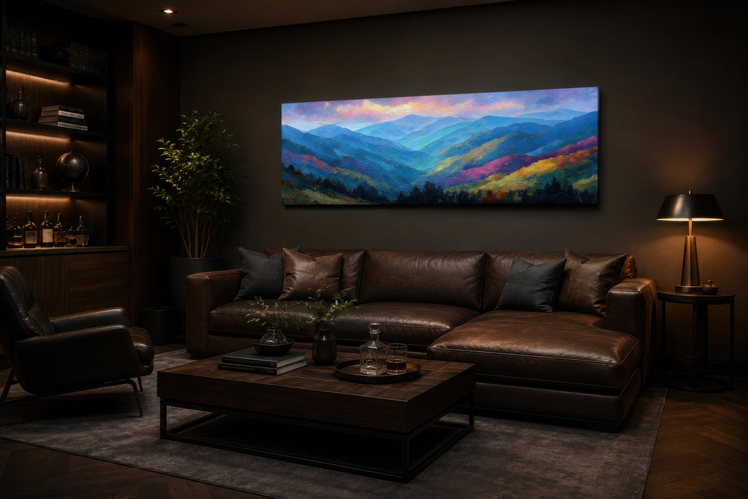 Great Smoky Mountains sunset long horizontal canvas wall art above a brown leather sofa.
