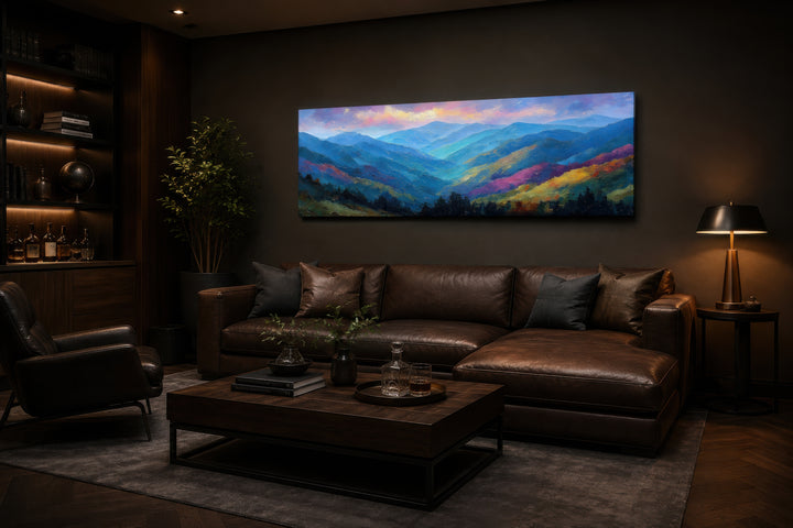 Great Smoky Mountains sunset long horizontal canvas wall art above a brown leather sofa.