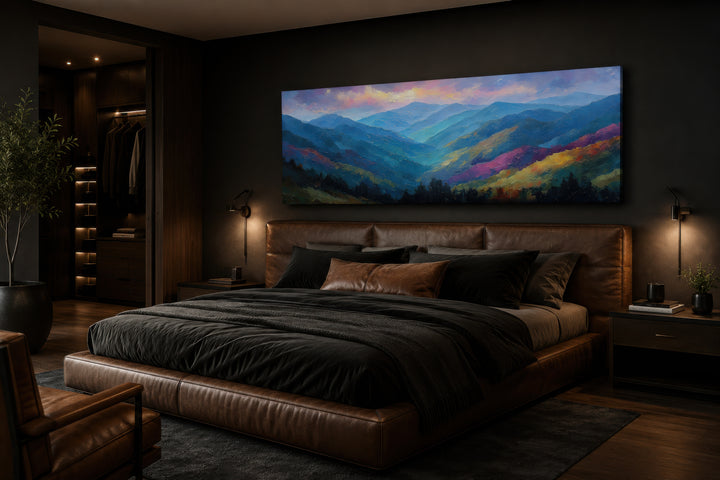 Great Smoky Mountains sunset long horizontal canvas wall art hanging above a bed in a dark bedroom.