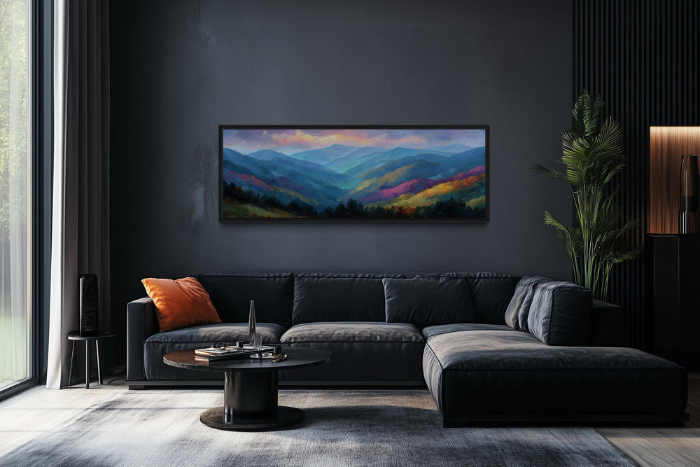 Great Smoky Mountains sunset panoramic canvas wall art above a black sofa in a modern living room.