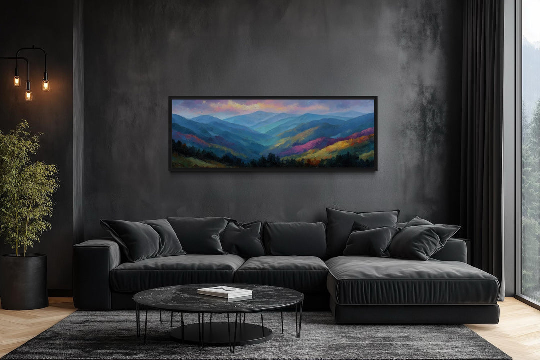 Great Smoky Mountains sunset long horizontal canvas wall art above a black sofa in a dark room.