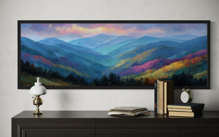Impressionist oil painting of Great Smoky Mountains sunset on a long horizontal canvas wall art.