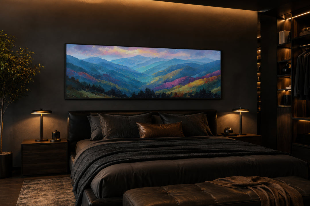 Great Smoky Mountains sunset long horizontal canvas wall art hanging above a bed in a dark bedroom.