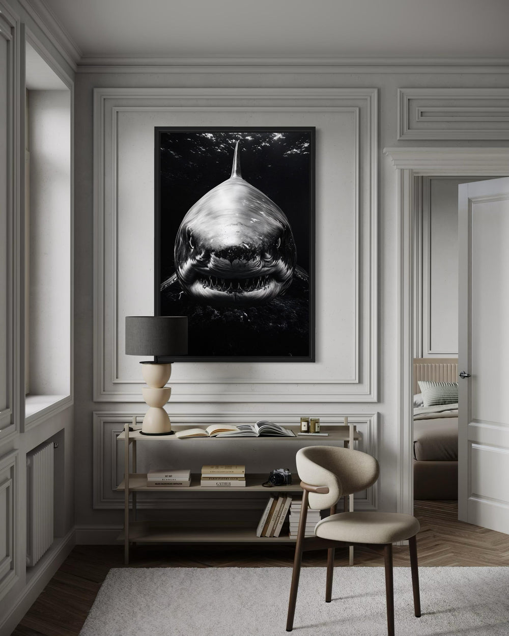 Great white shark black and white framed canvas wall art in a modern living room setting.