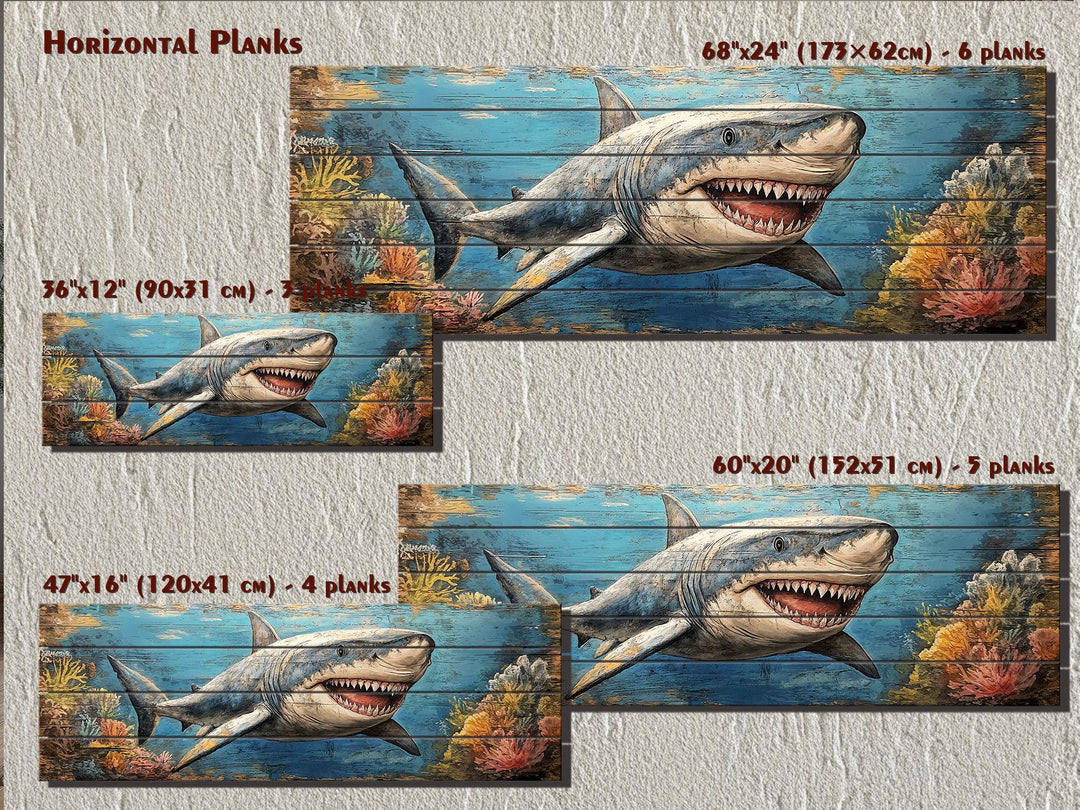 Great white shark wall art on horizontal wood planks in four different sizes.