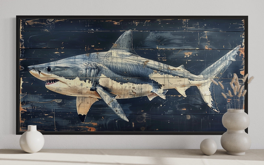 Great White Shark Painting – Nautical Wall Art on Distressed Wood Frame for Coastal Decor