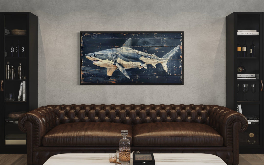 Great White Shark Painting – Nautical Wall Art on Distressed Wood Frame for Coastal Decor