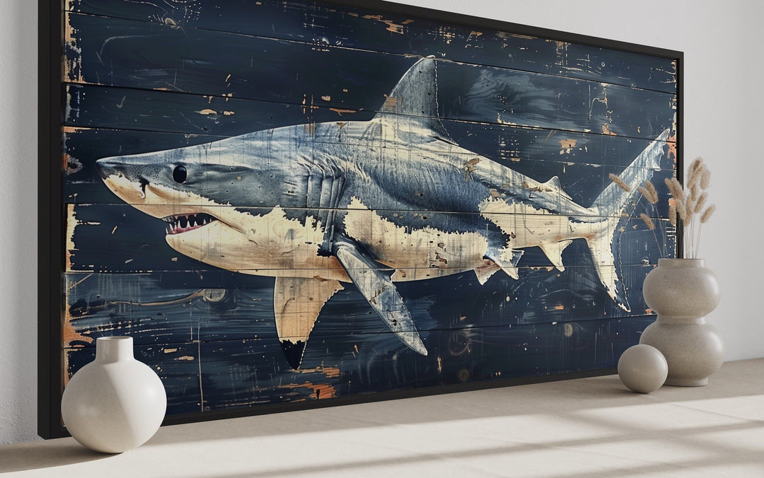 Great White Shark Painting – Nautical Wall Art on Distressed Wood Frame for Coastal Decor