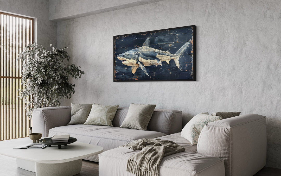 Great White Shark Painting – Nautical Wall Art on Distressed Wood Frame for Coastal Decor