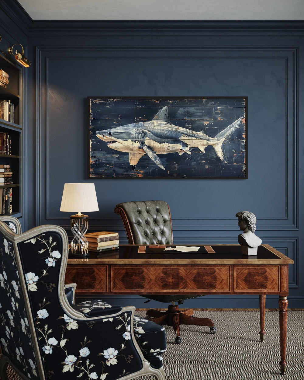 Great white shark painting on navy blue distressed wood framed canvas in a nautical study.