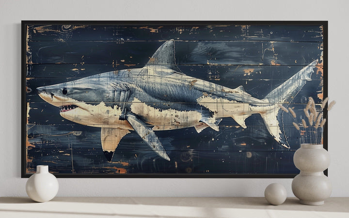 Great White Shark Painting on Navy Blue Distressed Wood Nautical Framed Canvas Wall Art