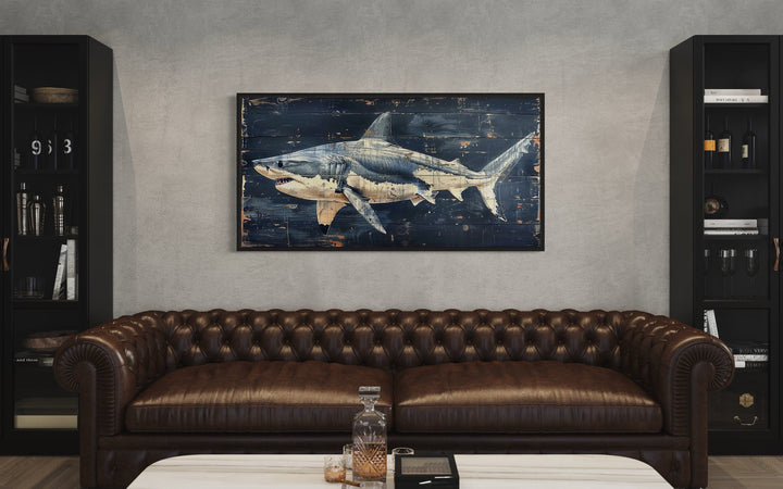 Great White Shark Painting on Navy Blue Distressed Wood Nautical Framed Canvas Wall Art