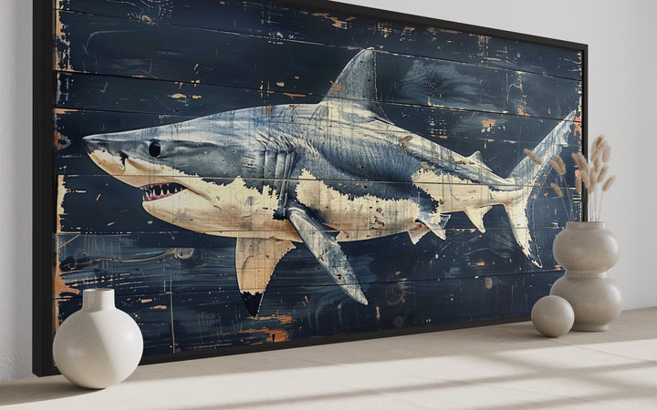 Great White Shark Painting on Navy Blue Distressed Wood Nautical Framed Canvas Wall Art