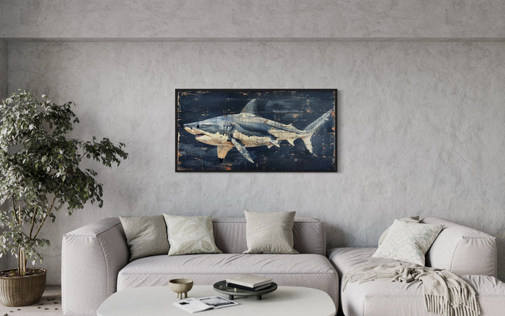 Great White Shark Painting on Navy Blue Distressed Wood Nautical Framed Canvas Wall Art