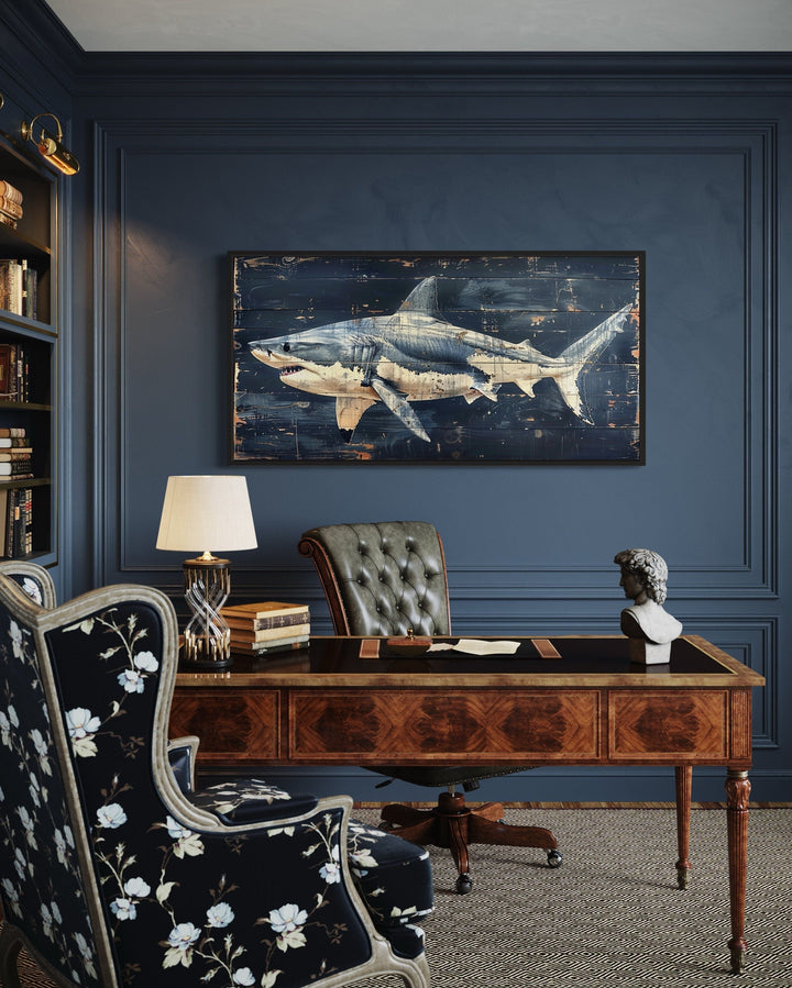 Great White Shark Painting on Navy Blue Distressed Wood Nautical Framed Canvas Wall Art