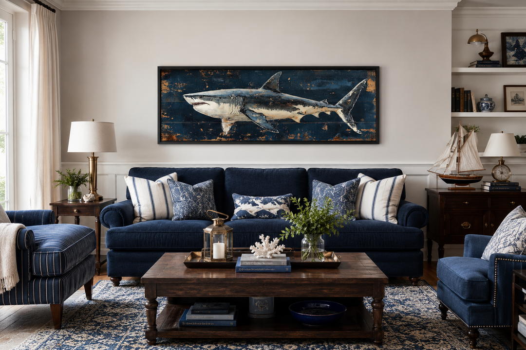 Great white shark horizontal canvas wall art in a navy blue living room above a sofa.