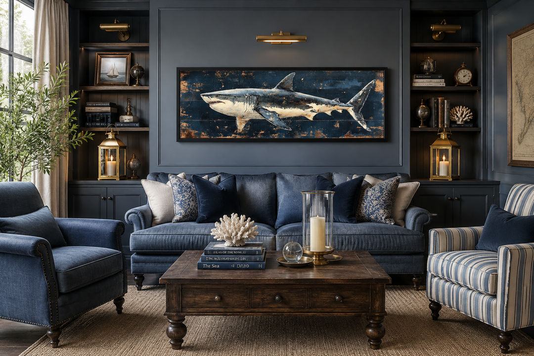 Great white shark horizontal canvas wall art in a navy blue living room above a sofa.