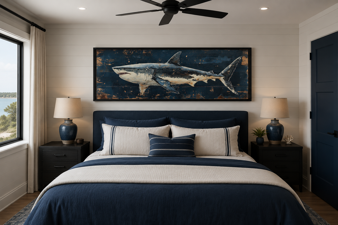 Great white shark long horizontal canvas wall art hanging above a bed in a coastal bedroom.
