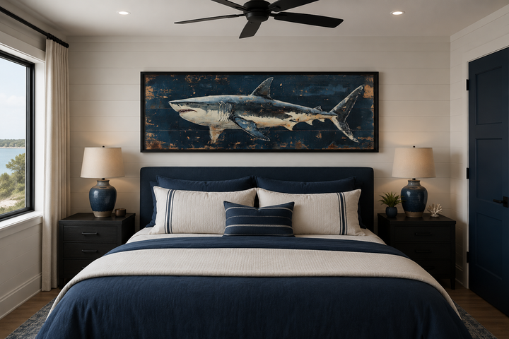 Great white shark long horizontal canvas wall art hanging above a bed in a coastal bedroom.