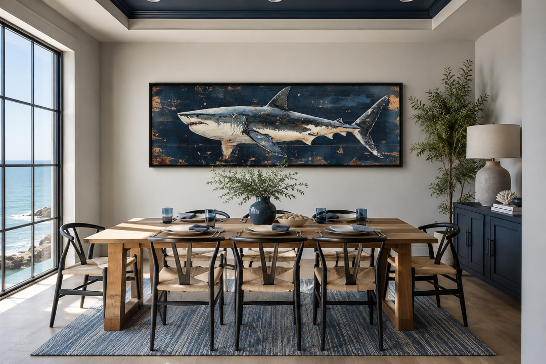 Great white shark horizontal canvas wall art in a modern dining room with blue and wood accents.