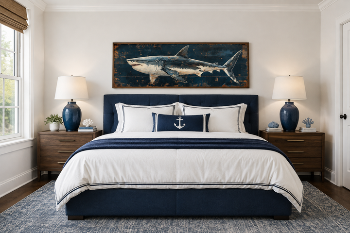 Great white shark horizontal canvas wall art above a navy blue bed in a coastal bedroom.