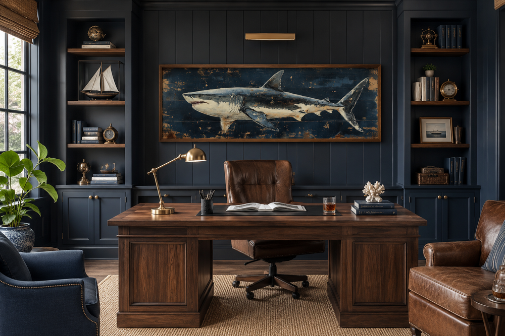 Great white shark horizontal canvas wall art in a dark blue office above a wooden desk.