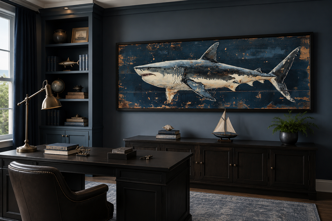 Great white shark horizontal canvas wall art in a dark blue office above a wooden sideboard.