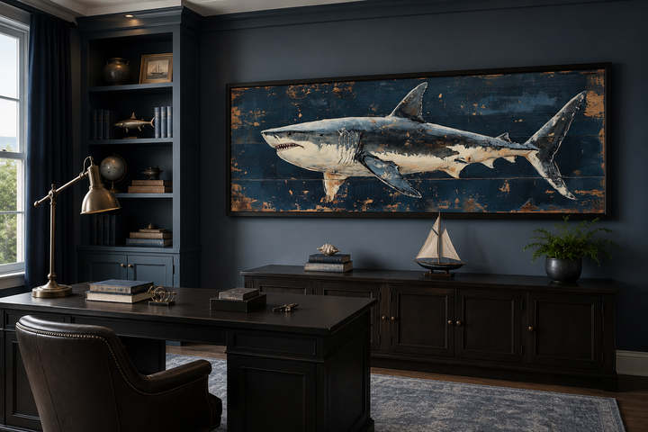Great white shark horizontal canvas wall art in a dark blue office above a wooden sideboard.