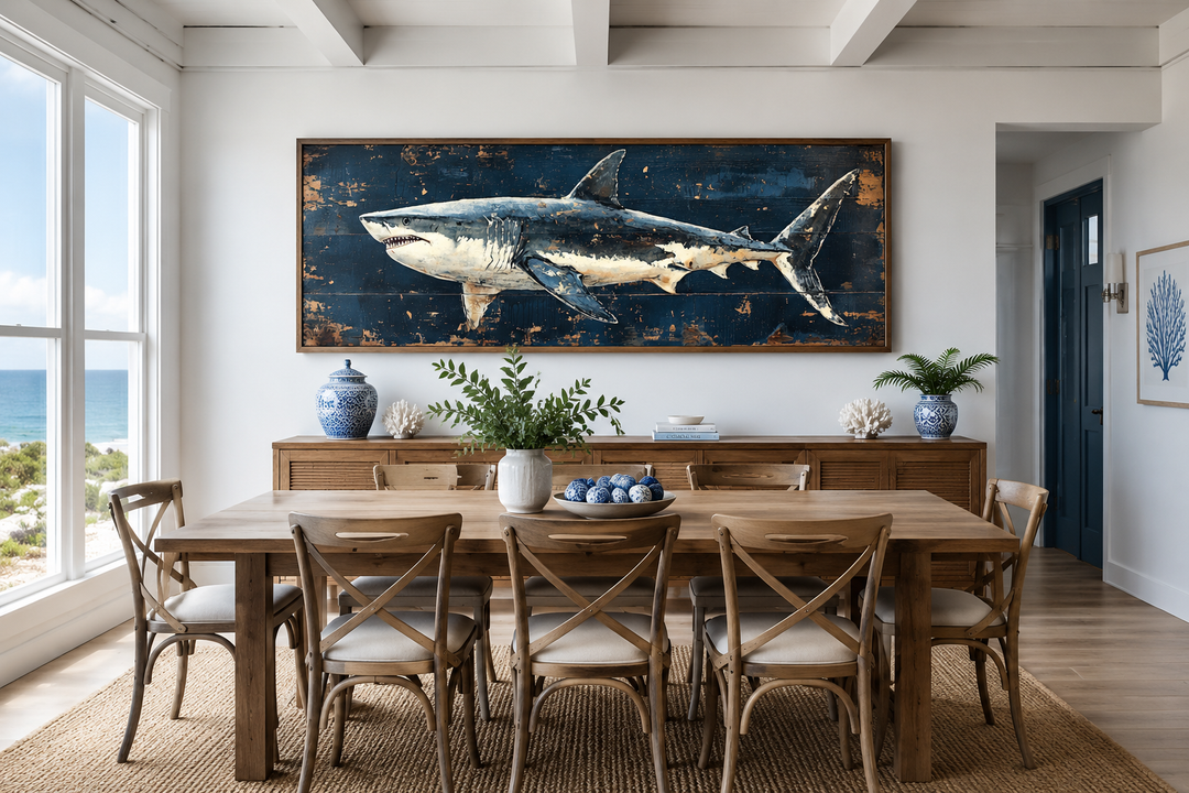 Great white shark horizontal canvas wall art above a wooden dining table in a coastal room.